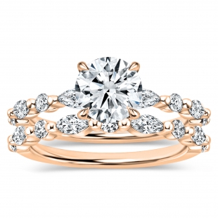 10K Rose Gold Metal Beaded Ring Set, IGI Certified 1.00 ctw Round & Marquise Lab Grown Diamond