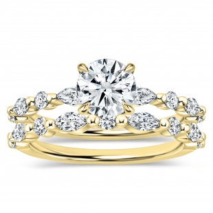 10K Yellow Gold Metal Beaded Ring Set, IGI Certified 0.75 ctw Round & Marquise Lab Grown Diamond