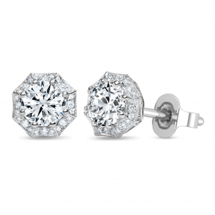 Hexagon Halo Push Back Stud Earrings for Women with 0.45 ctw, Round Lab Grown Diamond, 925 Sterling Silver