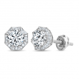 Hexagon Halo Screw Back Stud Earrings for Women with 0.45 ctw, Round Lab Grown Diamond, 925 Sterling Silver