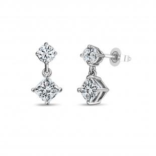 0.50 Ctw Princess & 0.18 Ctw Round Lab Grown Diamond Minimalist Drop Earrings for Her in 10K White Gold in Push Back