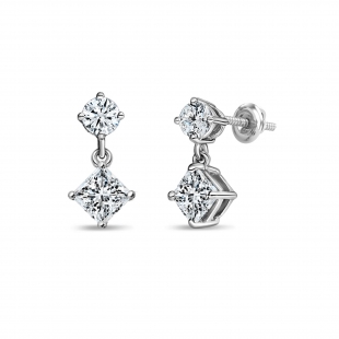 0.50 Ctw Princess & 0.18 Ctw Round Lab Grown Diamond Minimalist Drop Earrings for Her in 10K White Gold in Screw Back