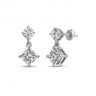0.75 Ctw Princess & 0.18 Ctw Round Lab Grown Diamond Minimalist Drop Earrings for Her in 10K White Gold in Screw Back