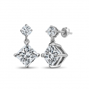 IGI Certified 2.00 Ctw Princess & 0.18 Ctw Round Lab Grown Diamond Minimalist Drop Earrings for Her in 10K White Gold in Screw Back
