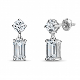 925 Sterling Silver Drop Earrings, 0.75 ctw Emerald & Round Lab Grown Diamond in Screw Back