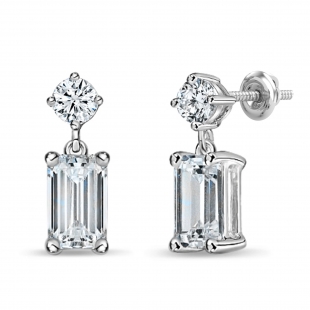 925 Sterling Silver Drop Earrings, IGI Certified 1.00 ctw Emerald & Round Lab Grown Diamond in Screw Back