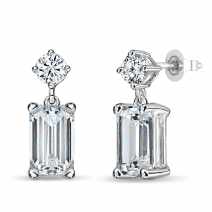 925 Sterling Silver Drop Earrings, IGI Certified 1.50 ctw Emerald & Round Lab Grown Diamond in Push Back
