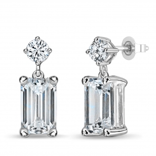 925 Sterling Silver Drop Earrings, IGI Certified 2.00 ctw Emerald & Round Lab Grown Diamond in Push Back