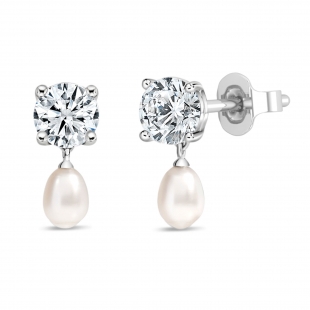 10K White Gold Drop Earrings, 6x4mm Cultured Freshwater Pearl & 0.50 CT Round Lab Grown Diamond in Push Back