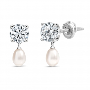 10K White Gold Drop Earrings, 6x4mm Cultured Freshwater Pearl & 0.50 CT Round Lab Grown Diamond in Screw Back