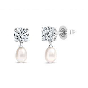 10K White Gold Drop Earrings, 6x4mm Cultured Freshwater Pearl & 0.75 CT Round Lab Grown Diamond in Push Back