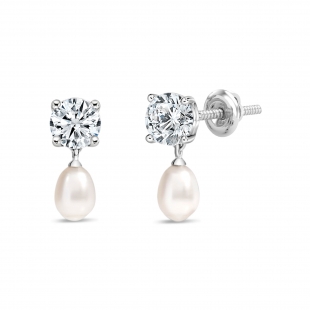 10K White Gold Drop Earrings, 6x4mm Cultured Freshwater Pearl & 0.75 CT Round Lab Grown Diamond in Screw Back