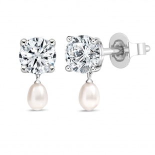 10K White Gold IGI Certified Drop Earrings, 6x4mm Cultured Freshwater Pearl & 2.00 CT Round Lab Grown Diamond in Push Back