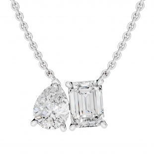IGI Certified 10K Solid Gold Two Stone Pendant Necklace for Women with 18 inch Gold Chain 2.16 cttw, Emerald (1.20 ct) & Pear (0.96 ct) Lab Grown White Diamond