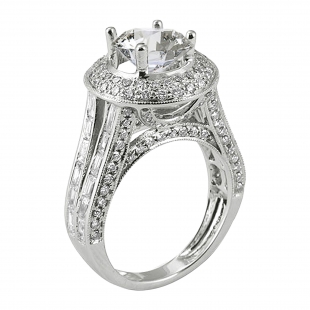 DGLA CERTIFIED Round & Baguette Lab Grown Diamond Split Shank Halo Bridge Engagement Ring for Her (2.90 ctw, Color H-I, Clarity SI2) in 925 Sterling Silver