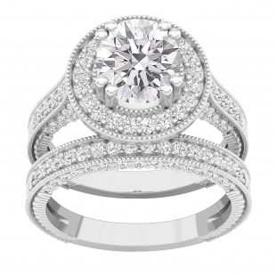 IGI CERTIFIED 7.5mm Round Centre & 1.00 Carat (ctw) Side Lab Grown White Diamond Halo Ring Set for Her in 18K White Gold