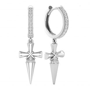 Round Cubic Zirconia Cross Dagger Unisex Hoop Earrings (0.48 ctw, Color White, Clarity Clean) in 925 Sterling Silver