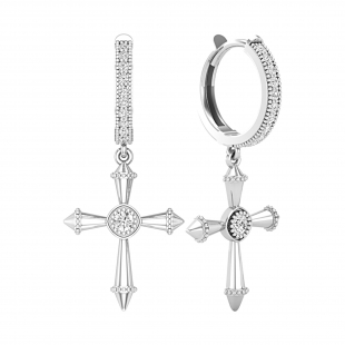2.5mm Each Centre Round Cubic Zirconia Beaded Edge Dangle Cross Unisex Hinged Post Hoop Earrings (0.64 ctw, Color White, Clarity Clean) in 925 Sterling Silver