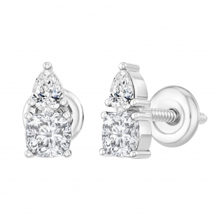 Cushion (0.35 Ct) & Pear (0.15 Ct) Cubic Zirconia 2 Stone Stud Earrings for Her in 925 Sterling Silver in Screw Back