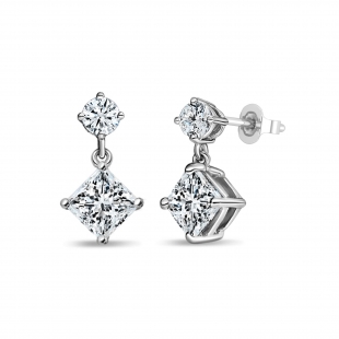 1.00 Ctw Princess & 0.18 Ctw Round Cubic Zirconia Minimalist Drop Earrings for Her in 925 Sterling Silver in Push Back