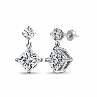 1.50 Ctw Princess & 0.18 Ctw Round Cubic Zirconia Minimalist Drop Earrings for Her in 925 Sterling Silver in Screw Back