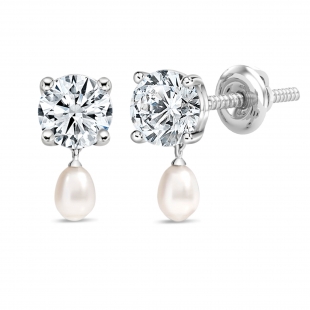 925 Sterling Silver Drop Earrings, 6x4mm Cultured Freshwater Pearl & 2.00 CT Round Cubic Zirconia in Screw Back