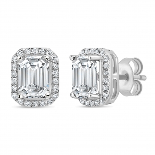 2.30 Cttw Emerald & Round Cubic Zirconia Halo Stud Earrings for Her ,925 Sterling Silver in Push Back