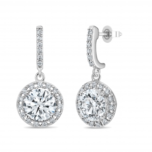 2.20 ctw Round Cubic Zirconia Halo Drop Earrings, 925 Sterling Silver in Push Back