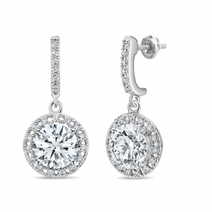 2.20 ctw Round Cubic Zirconia Halo Drop Earrings, 925 Sterling Silver in Screw Back