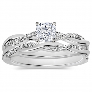 925 Sterling Silver Twisted Ring Set, 0.75 ctw Cushion & Round Cubic Zirconia