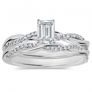 925 Sterling Silver Interwined Solitaire Ring Set, 0.50 ctw Emerald & Round Cubic Zirconia