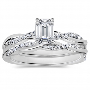 925 Sterling Silver Interwined Solitaire Ring Set, 0.75 Ctw Emerald & Round Cubic Zirconia