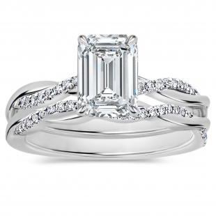 925 Sterling Silver Interwined Solitaire Ring Set, 1.75 Ctw Emerald & Round Cubic Zirconia