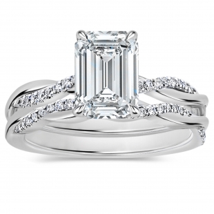 925 Sterling Silver Interwined Solitaire Ring Set, 2.25 Ctw Emerald & Round Cubic Zirconia