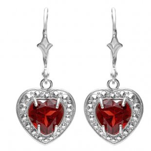 2.00 Carat (ctw) Real Heart Shape Genuine Red Garnet 925 Sterling Silver Dangling Hoop 7 x 6.5 MM Earrings