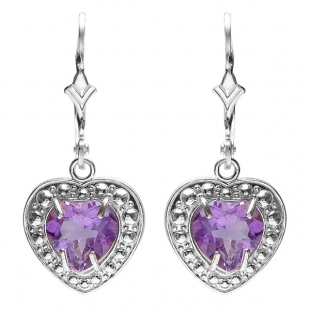 2.00 Carat (ctw) Real Heart Shape Genuine Purple Amethyst 925 Sterling Silver Dangling Hoop 7 x 6.5 MM Earrings