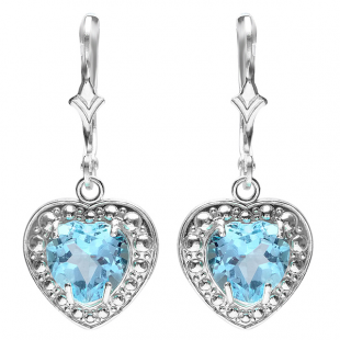 2.00 Carat (ctw) Real Heart Shape Genuine Blue Topaz 925 Sterling Silver Dangling Hoop 7 x 6.5 MM Earrings