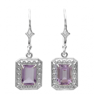 1.50 Carat (ctw) Real Emerald Cut Genuine Purple Amethyst 925 Sterling Silver Dangling Hoop Earrings (1.00 Inch Length x 0.35 Inch Width)