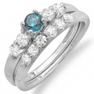 1.00 Carat (ctw) 18k White Gold Round Blue And White Diamond Ladies Bridal 5 Stone Engagement Ring Matching Band Wedding Set