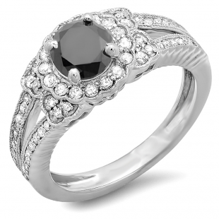 1.30 Carat (ctw) 18k White Gold Round Black And White Diamond Ladies Split Shank Halo Vintage Bridal Engagement Ring