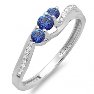 0.50 Carat (ctw) 14k White Gold Round Blue Sapphire And White Diamond 3 Stone Ladies Swirl Bridal Engagement Ring 1/2 CT