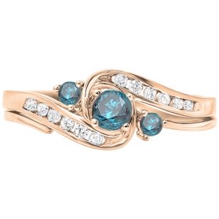 0.50 Carat (ctw) 10k Rose Gold Round Blue And White Diamond Ladies Swirl Bridal Engagement Ring Matching Band Set