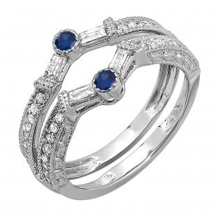 0.55 Carat (ctw) 18k White Gold Round & Baguette White Diamond & Blue Sapphire Ladies Anniversary Wedding Enhancer Guard Band 1/2 CT