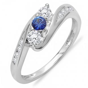 0.50 Carat (ctw) 14k White Gold Round White Diamond And Blue Sapphire Ladies Swirl Engagement 3 Stone Bridal Ring 1/2 CT