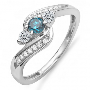 0.50 Carat (ctw) 10k White Gold Round Blue And White Diamond Ladies Swirl Engagement 3 Stone Bridal Ring