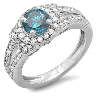 1.00 Carat (ctw) 14k White Gold Round Blue And White Diamond Ladies Halo Style Split Shank Vintage Bridal Engagement Ring