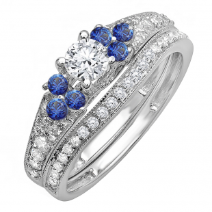 1.00 Carat (ctw) 14k White Gold Round Blue Sapphire And White Diamond Ladies Bridal Engagement Ring Matching Band Set