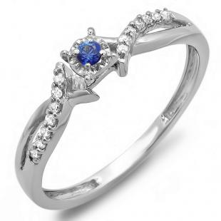 0.15 Carat (ctw) 10k White Gold Round Blue Sapphire And White Diamond Crossover Split Shank Ladies Bridal Promise Engagement Ring 1/6 CT