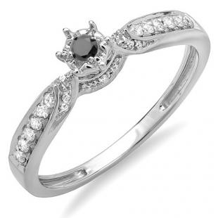 0.20 Carat (ctw) 10k White Gold Round Black And White Diamond Ladies Bridal Promise Split Shank Engagement Ring 1/5 CT