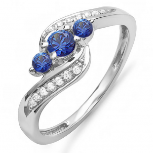 0.75 Carat (ctw) 18k White Gold Round Blue Sapphire And White Diamond Ladies Swirl Engagement 3 Stone Bridal Ring 3/4 CT